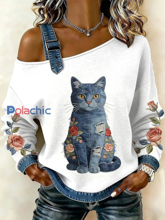 Sweat-shirt décontracté à épaules dénudées pour femmes Vintage Cat Patchwork comme image / S