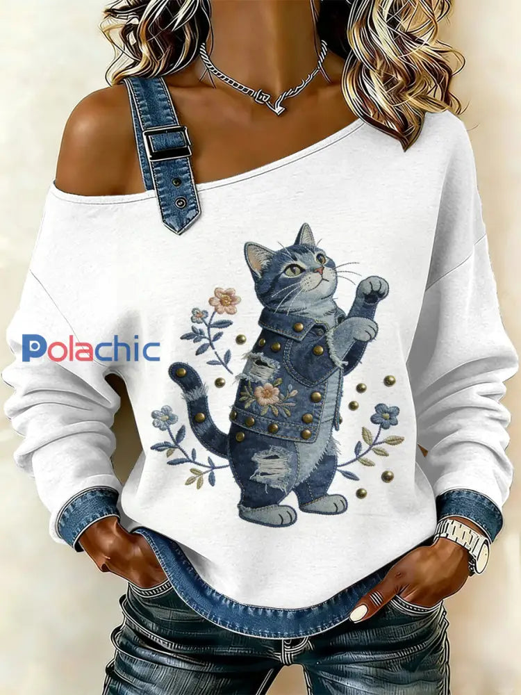 Sweat-shirt décontracté à épaules dénudées pour femmes Vintage Cat Patchwork comme image / S