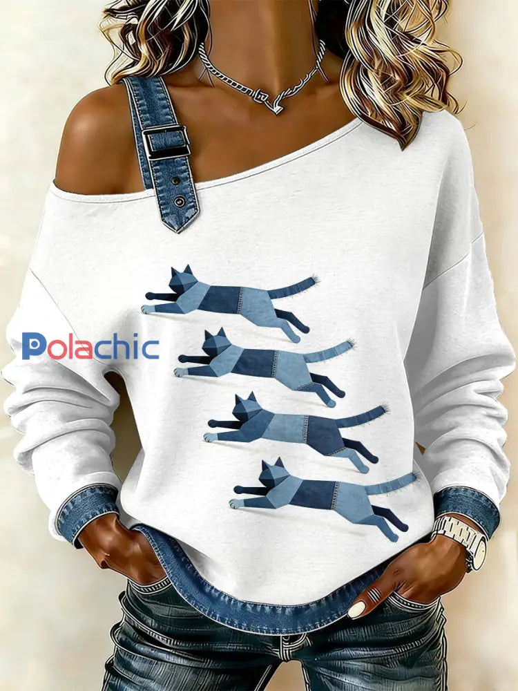 Sweat-shirt décontracté à épaules dénudées pour femmes Vintage Cat Patchwork comme image / S