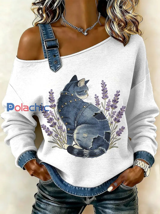 Sweat-shirt décontracté à épaules dénudées pour femmes Vintage Cat Patchwork comme image / S