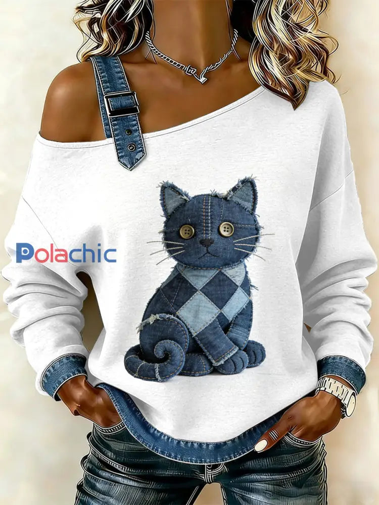 Sweat-shirt décontracté à épaules dénudées pour femmes Vintage Cat Patchwork comme image / S