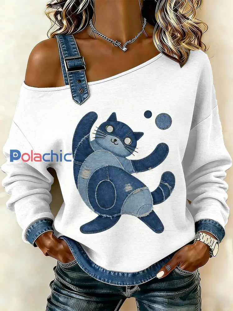 Sweat-shirt décontracté à épaules dénudées pour femmes Vintage Cat Patchwork comme image / S