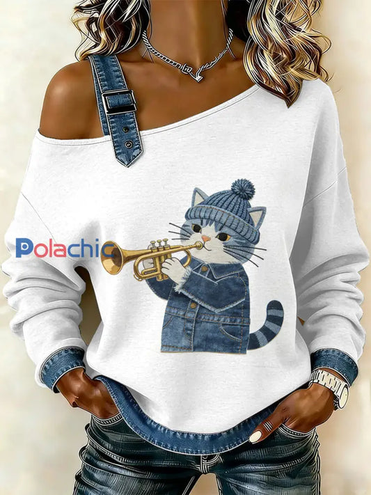 Sweat-shirt décontracté à épaules dénudées pour femmes Vintage Cat Patchwork comme image / S
