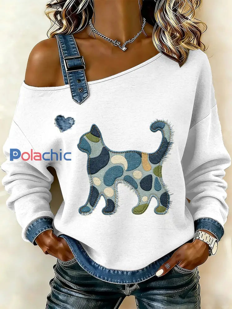 Sweat-shirt décontracté à épaules dénudées pour femmes Vintage Cat Patchwork comme image / S