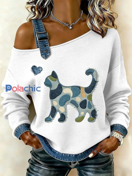 Sweat-shirt décontracté à épaules dénudées pour femmes Vintage Cat Patchwork comme image / S