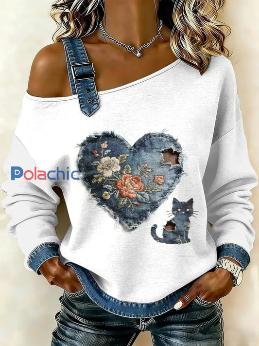 Sweat-shirt décontracté à épaules dénudées pour femmes Vintage Cat Patchwork comme image / S