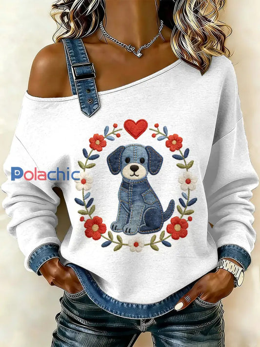 Sweat-shirt décontracté à épaules dénudées pour femmes Vintage Dog Floral Patchwork Print comme image / S