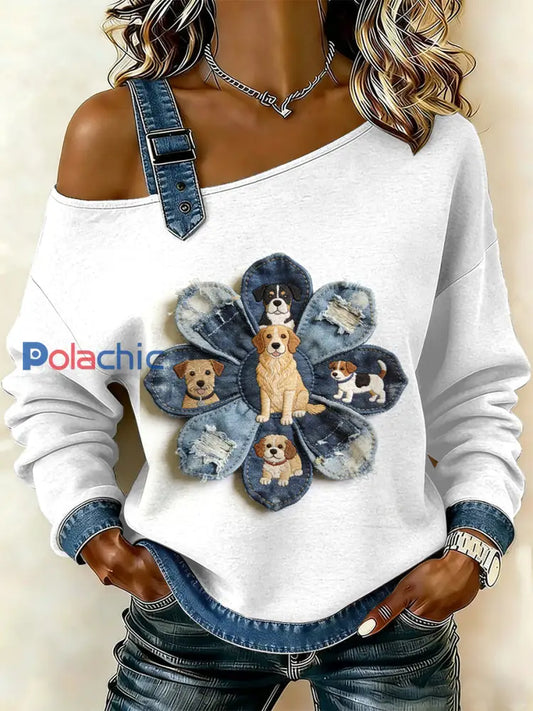 Sweat-shirt décontracté à épaules dénudées pour femmes Vintage Flower Dog Patchwork Print comme image / S