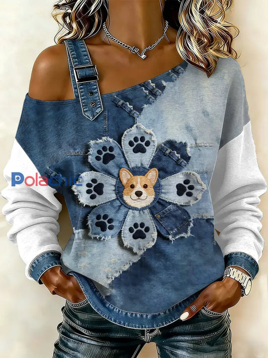 Sweat-shirt décontracté à épaules dénudées pour femmes Vintage Flower Dog Patchwork Print comme image / S