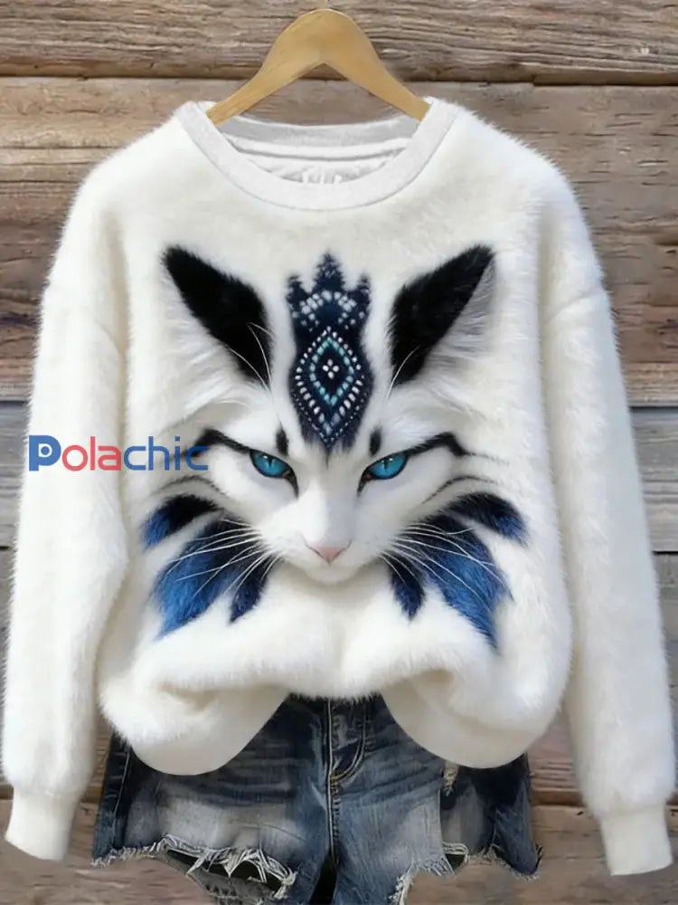 Sweat-shirt décontracté à imprimé chat pour femmes Blanc / S