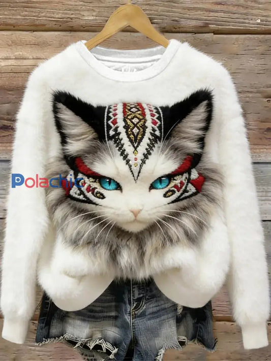 Sweat-shirt décontracté à imprimé chat pour femmes Blanc / S