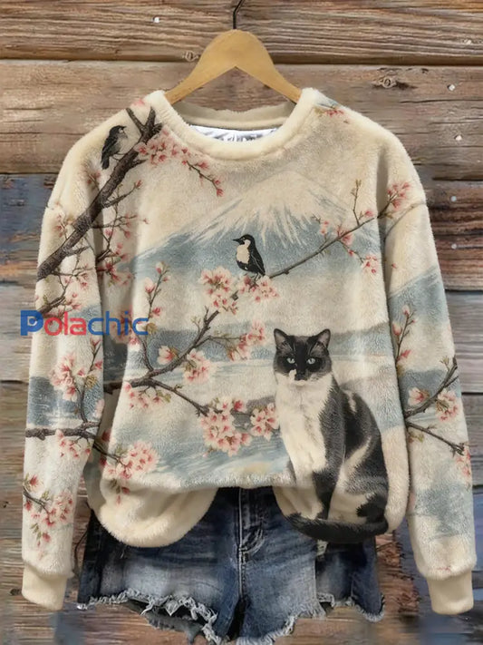 Sweat-shirt décontracté à imprimé chat pour femmes comme image / S