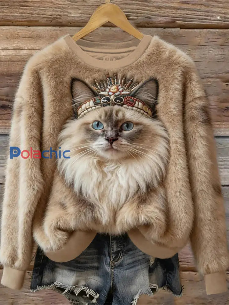 Sweat-shirt décontracté à imprimé chat pour femmes comme image / S