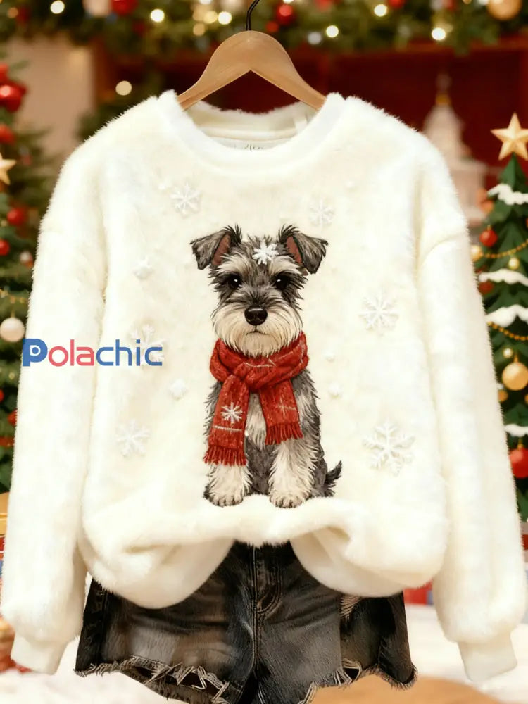 Sweat-shirt décontracté à imprimé chien de Noël pour femmes Blanc-Crémeux / S