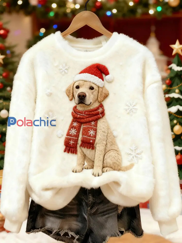 Sweat-shirt décontracté à imprimé chien de Noël pour femmes Blanc-Crémeux / S
