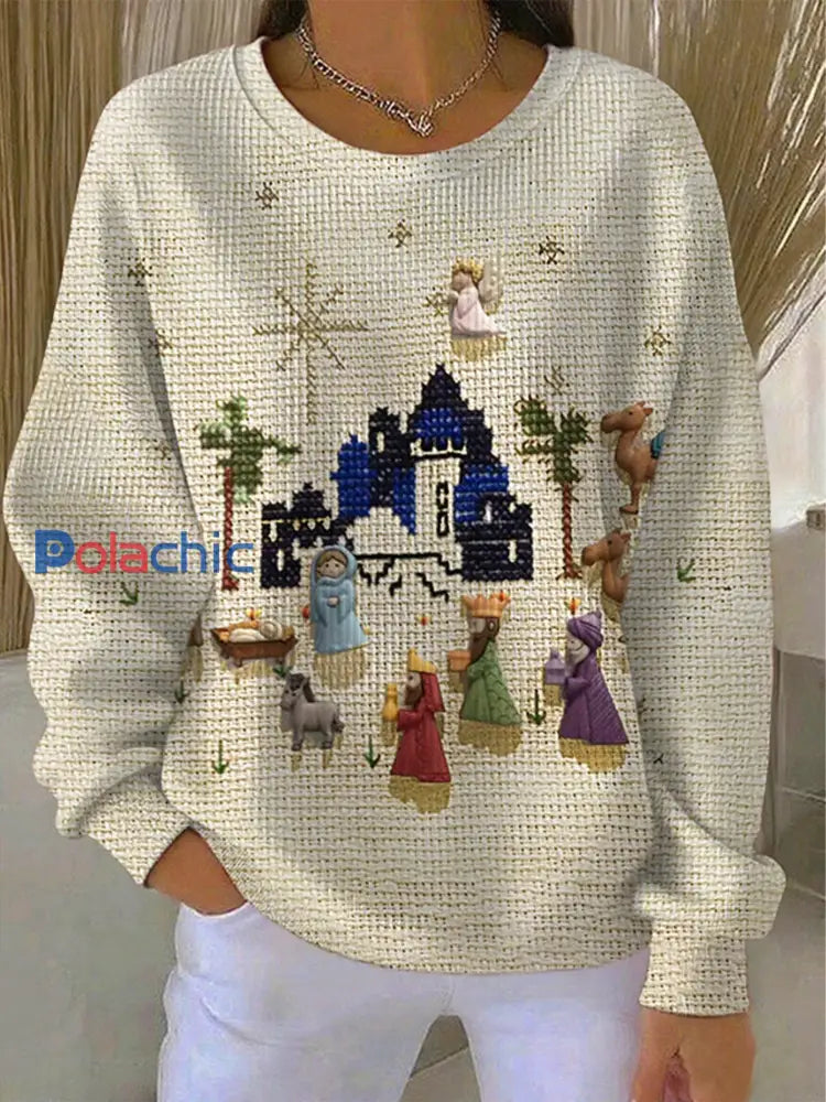 Sweat-shirt décontracté à imprimé de Noël pour femmes Abricot / S