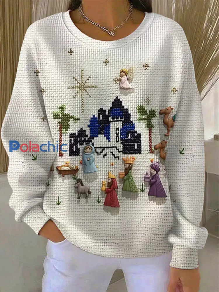 Sweat-shirt décontracté à imprimé de Noël pour femmes Blanc crémeux / S