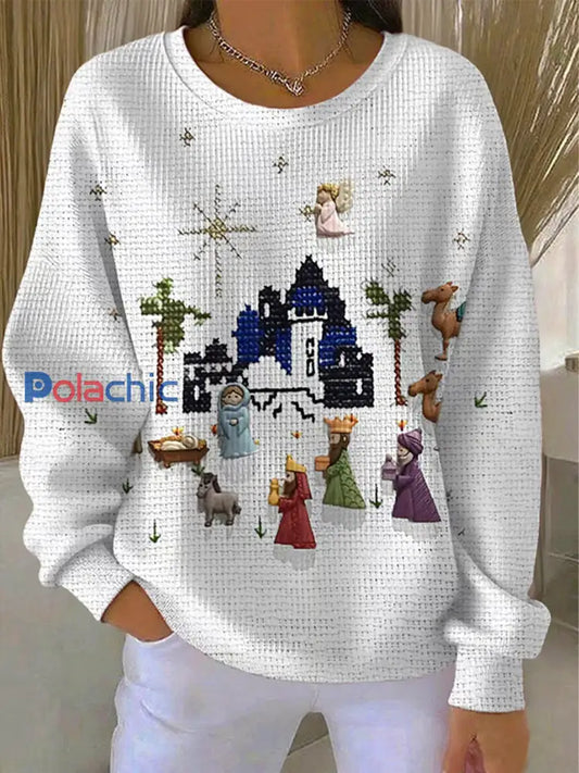 Sweat-shirt décontracté à imprimé de Noël pour femmes Blanc / S