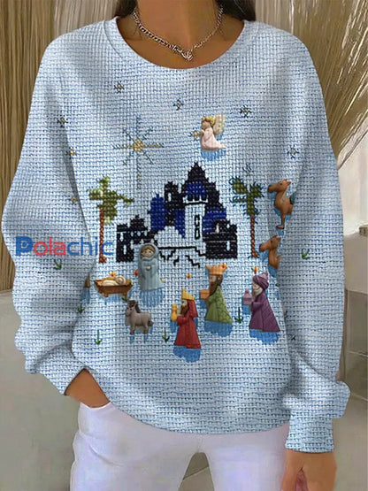 Sweat-shirt décontracté à imprimé de Noël pour femmes Bleu clair / S