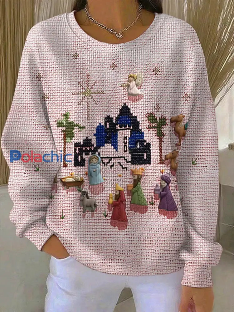 Sweat-shirt décontracté à imprimé de Noël pour femmes Rose / S