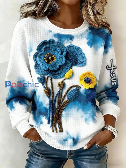 Sweat-shirt décontracté à imprimé floral pour femmes Bleu / S