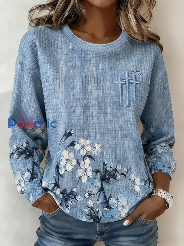 Sweat-shirt décontracté à imprimé floral pour femmes Bleu / S