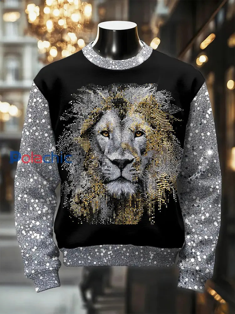 Sweat-shirt décontracté à imprimé lion rétro luxueux pour hommes comme image / S