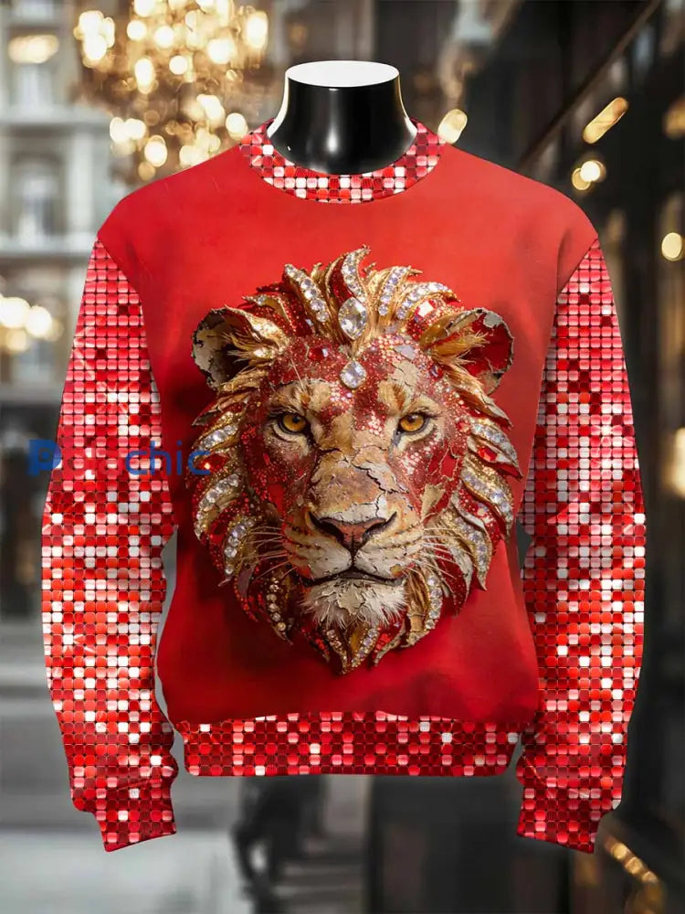 Sweat-shirt décontracté à imprimé loup luxueux rétro pour hommes comme image / S