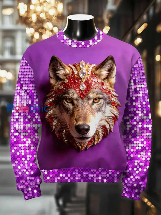 Sweat-shirt décontracté à imprimé loup luxueux rétro pour hommes comme image / S