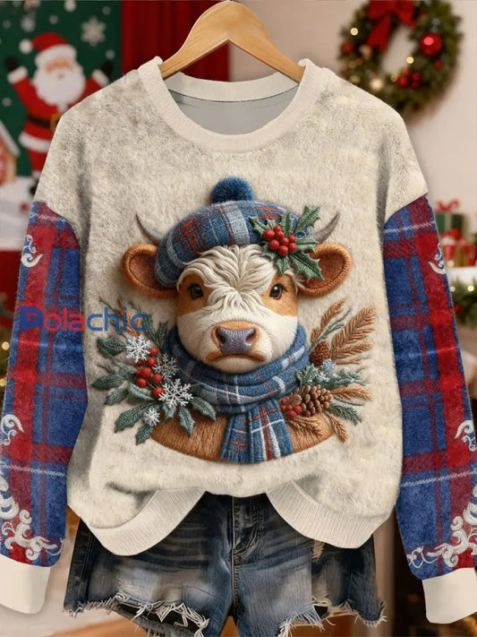 Sweat-shirt décontracté à manches longues magnifique motif de boeuf de Noël comme image / S