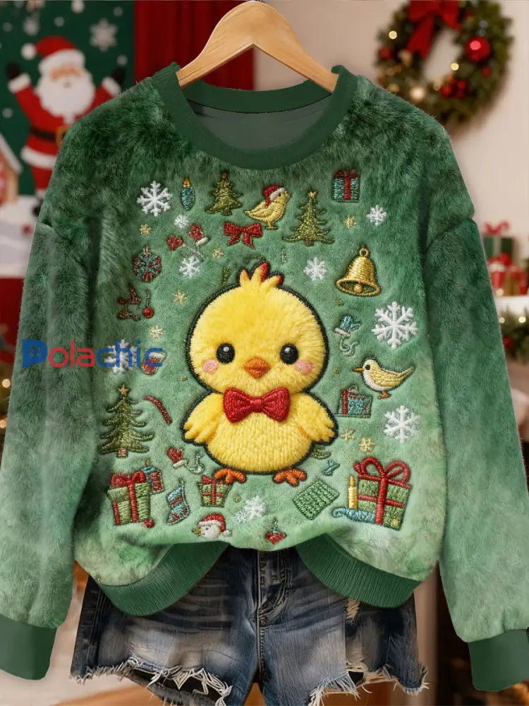 Sweat-shirt décontracté à manches longues magnifique motif de poulet de Noël comme image / S