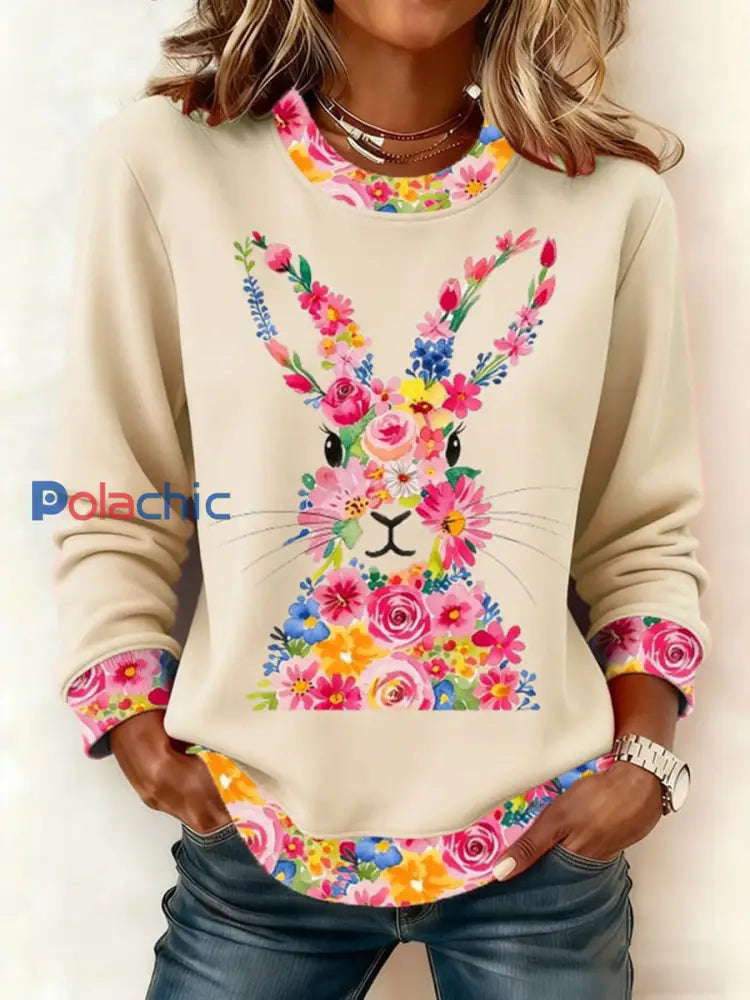 Sweat-shirt décontracté avec imprimé lapin de Pâques pour femmes Abricot / S