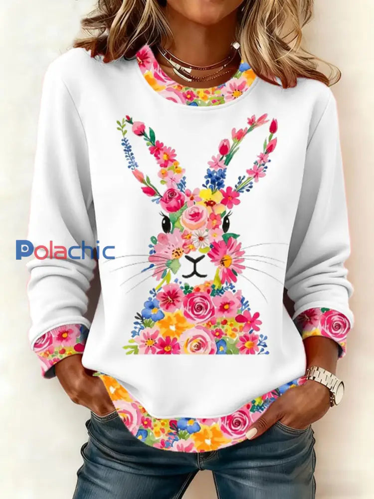 Sweat-shirt décontracté avec imprimé lapin de Pâques pour femmes Blanc / S