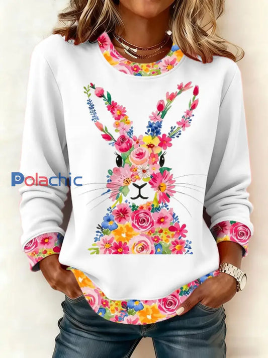 Sweat-shirt décontracté avec imprimé lapin de Pâques pour femmes Blanc / S