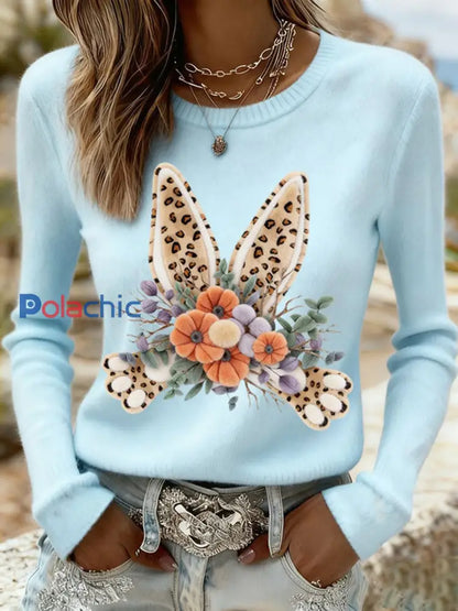 Sweat-shirt décontracté avec imprimé lapin de Pâques pour femmes Bleu / S