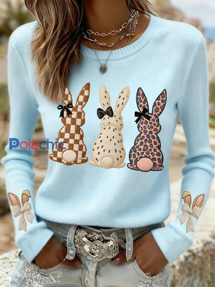 Sweat-shirt décontracté avec imprimé lapin de Pâques pour femmes Bleu / S