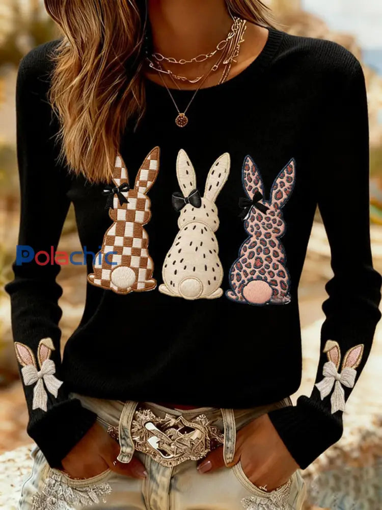 Sweat-shirt décontracté avec imprimé lapin de Pâques pour femmes Noir / S