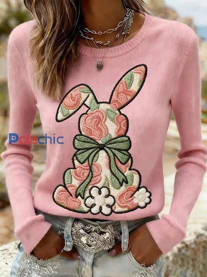 Sweat-shirt décontracté avec imprimé lapin de Pâques pour femmes Rose / S