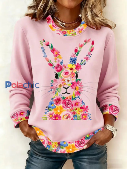 Sweat-shirt décontracté avec imprimé lapin de Pâques pour femmes Rose / S