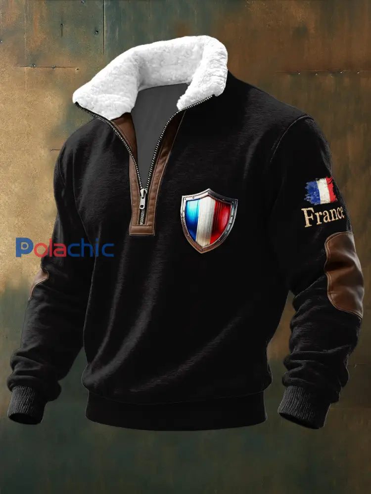 Sweat-shirt décontracté Bouclier du drapeau français pour hommes Noir / S