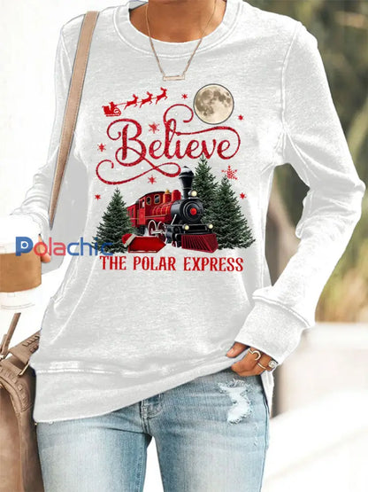 Sweat-shirt décontracté Christmas Believe The Polar Express pour femme Blanc / S