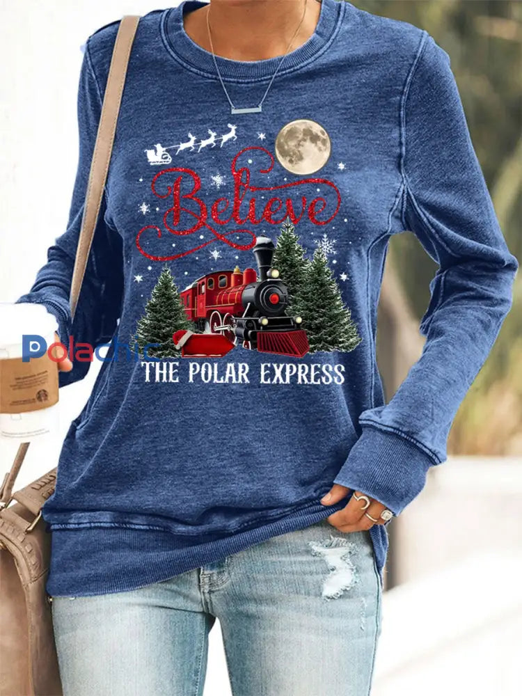 Sweat-shirt décontracté Christmas Believe The Polar Express pour femme Bleu / S