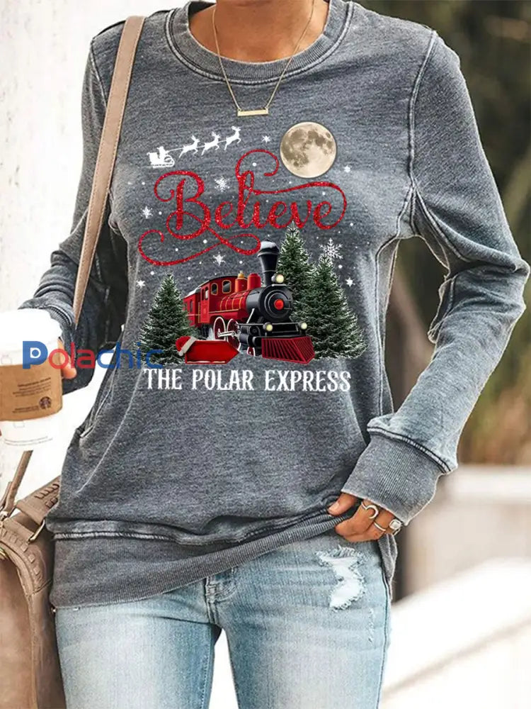 Sweat-shirt décontracté Christmas Believe The Polar Express pour femme Gris / S