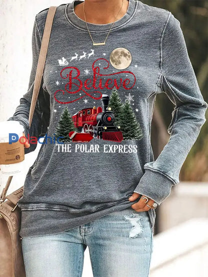 Sweat-shirt décontracté Christmas Believe The Polar Express pour femme Gris / S