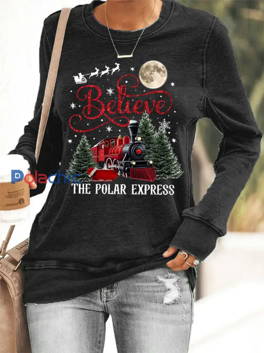 Sweat-shirt décontracté Christmas Believe The Polar Express pour femme Noir / S