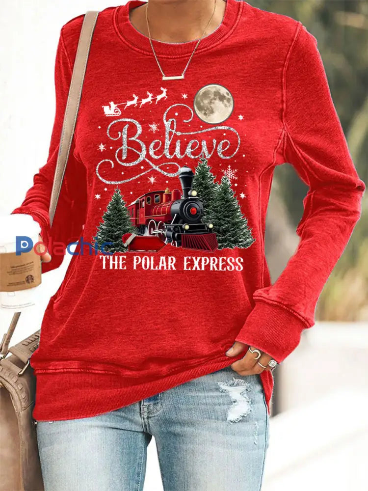 Sweat-shirt décontracté Christmas Believe The Polar Express pour femme Rouge / S