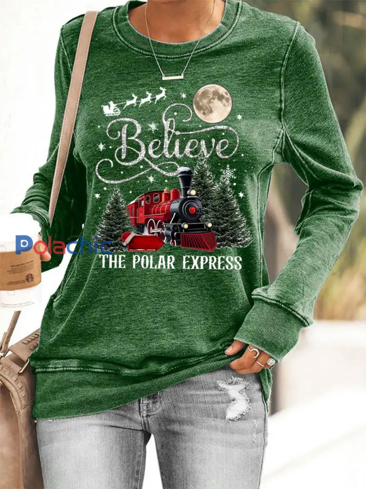 Sweat-shirt décontracté Christmas Believe The Polar Express pour femme Vert / S
