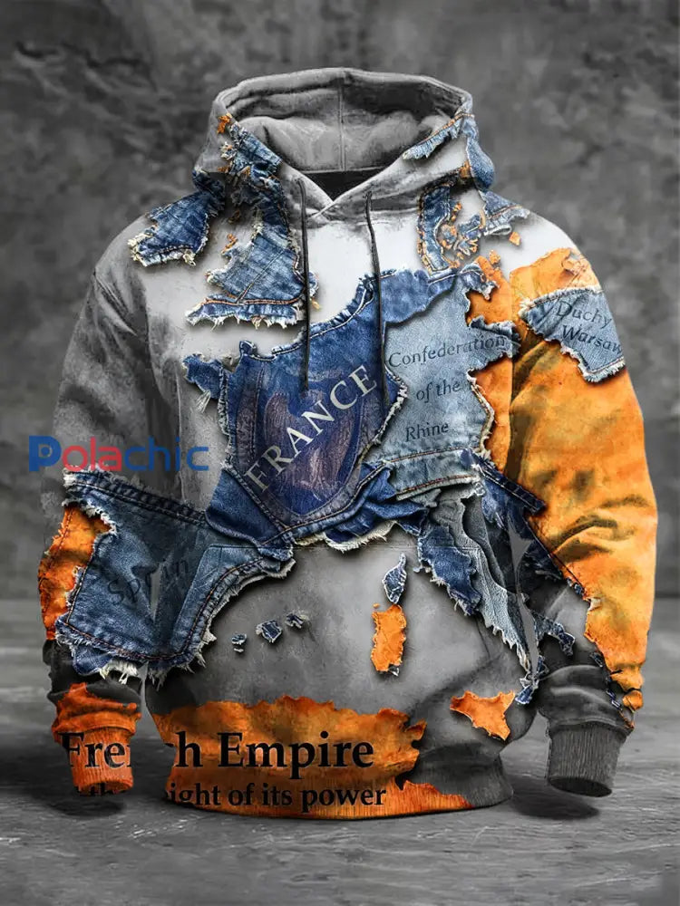 Sweat-shirt décontracté en patchwork imprimé carte française pour hommes Multicolore / S