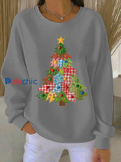 Sweat-shirt Décontracté Imprimé Arbre de Noël Femme Gris / S