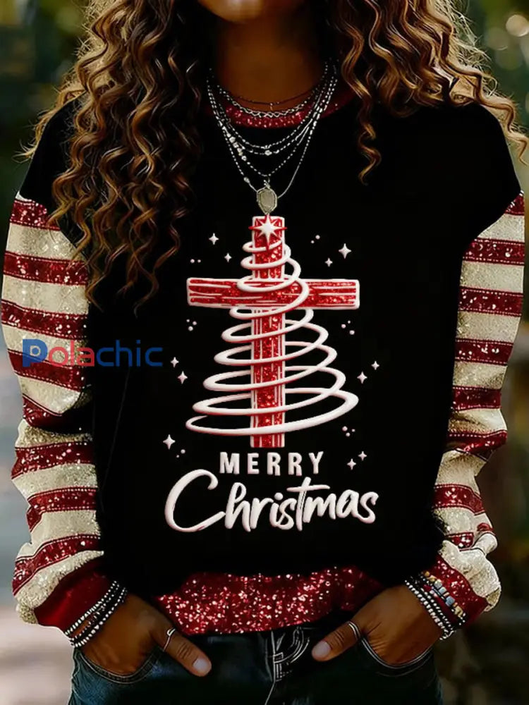 Sweat-shirt décontracté imprimé croix de Noël pour femmes Noir / S